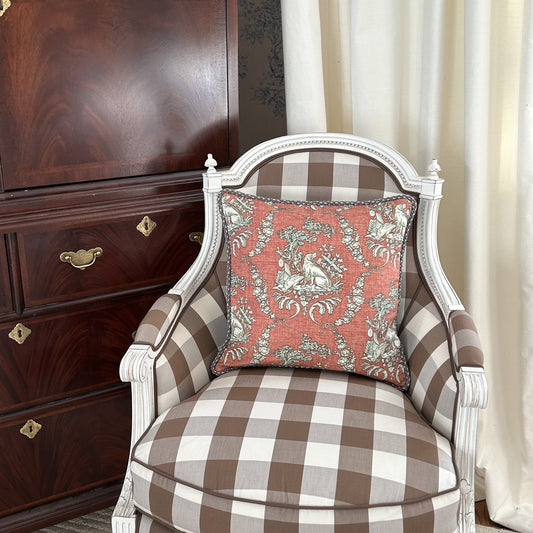 Hunting Toile Brunschwig Brick Red 16 x 16 Decorative Pillow with Down Feather Insert