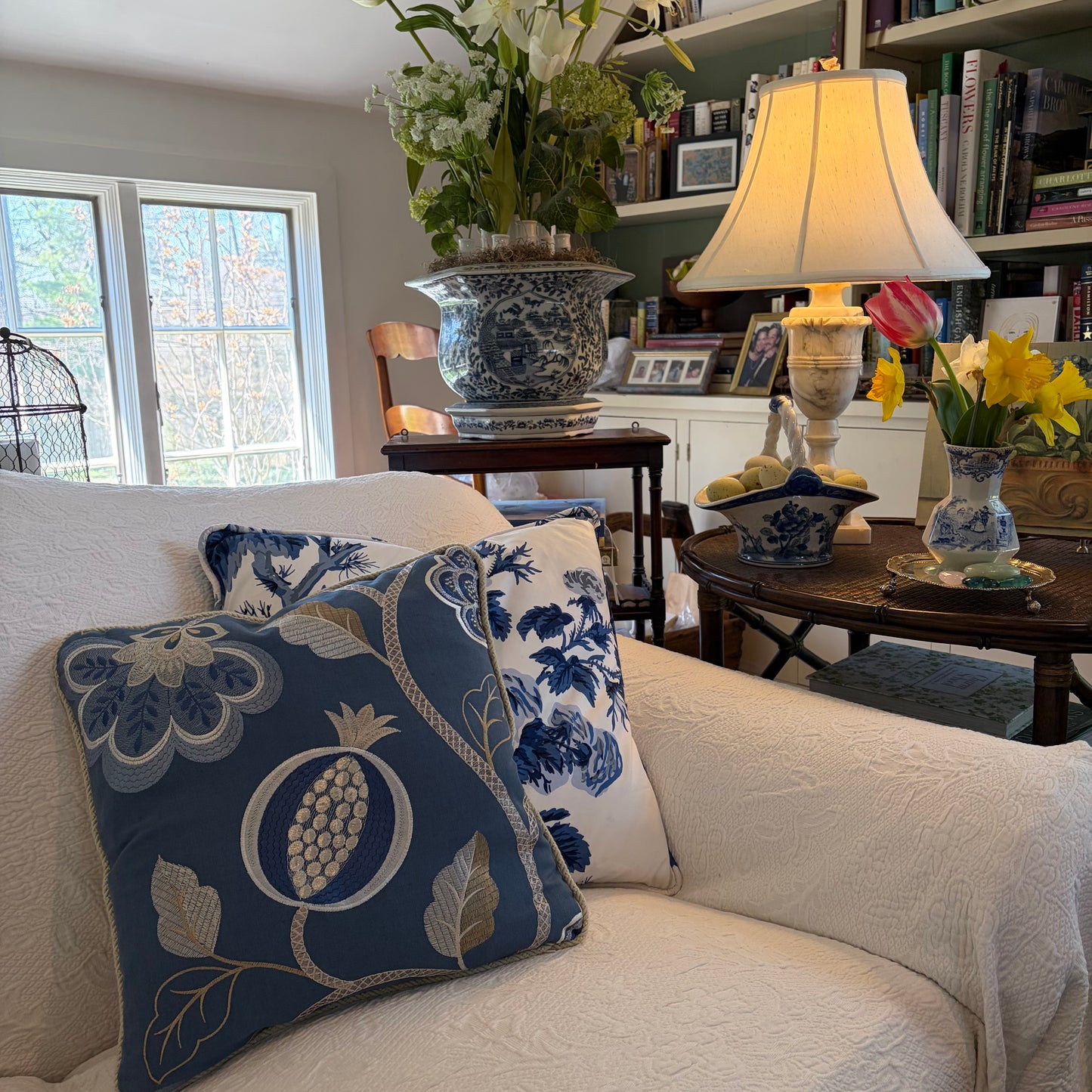Jane Churchill Paradise Garden Blue Embroidered Decorative Pillow 16 x 16 with Down/Feather Insert
