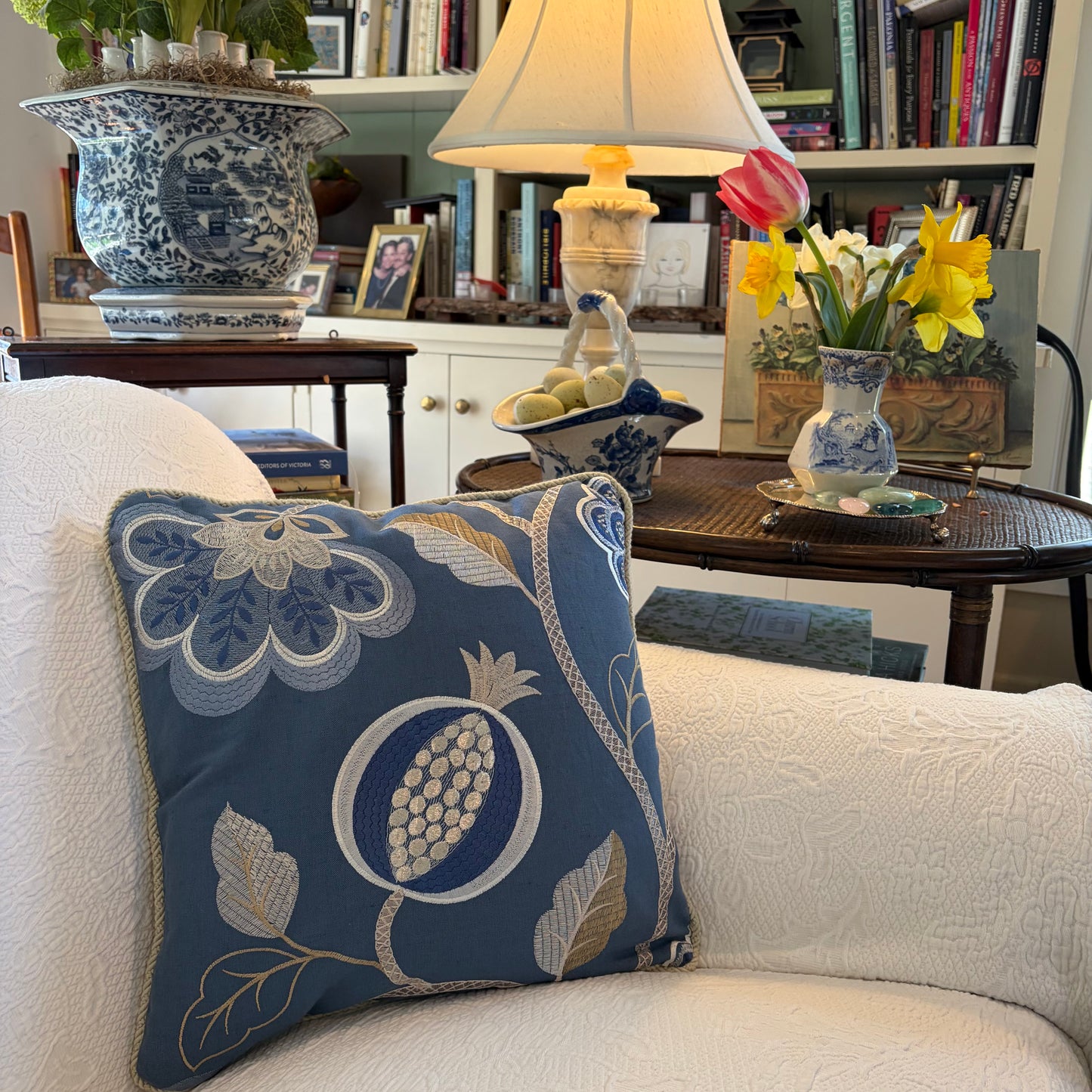 Jane Churchill Paradise Garden Blue Embroidered Decorative Pillow 16 x 16 with Down/Feather Insert