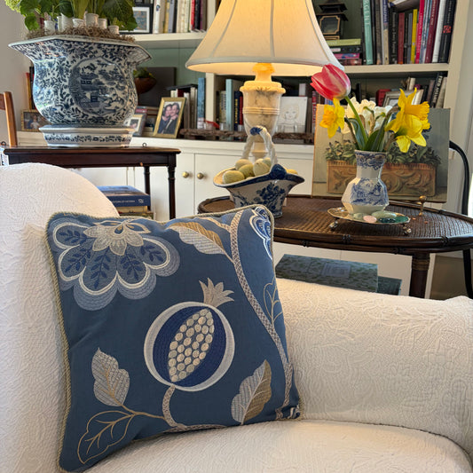 Jane Churchill Paradise Garden Blue Embroidered Decorative Pillow 16 x 16 with Down/Feather Insert