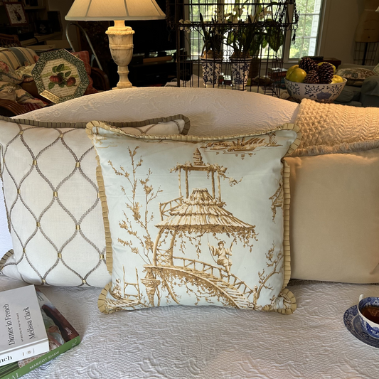 Pale Aqua Chinoiserie Garden Scene 20 x 20 Decorative Pillow with Down Feather Insert