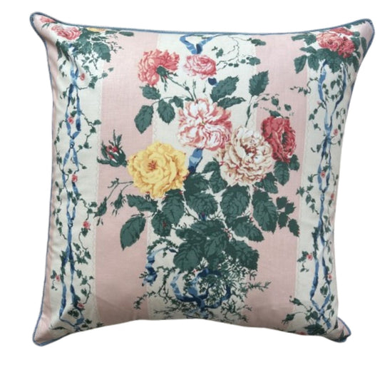 Millicent Roses and Ribbons Brunschwig Chintz 20 x 20 Decorative Square Pillow with Down Feather Insert