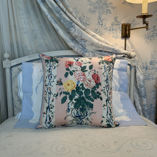 Millicent Roses and Ribbons Brunschwig Chintz 20 x 20 Decorative Square Pillow with Down Feather Insert