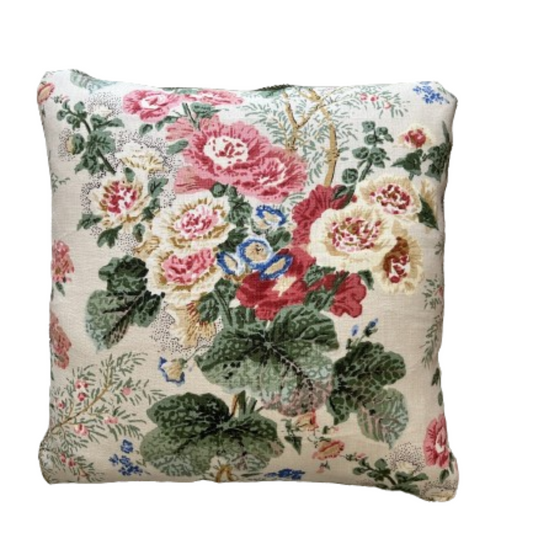 Hollyhock Althea Iconic Lee Jofa English Floral Decorative 20 x 20 Pillow with Down Feather Insert