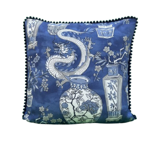 Chinoiserie Blue Ming Dynasty Jars and Dragons 20 x 20 Square Designer Pillow with Down Feather Insert