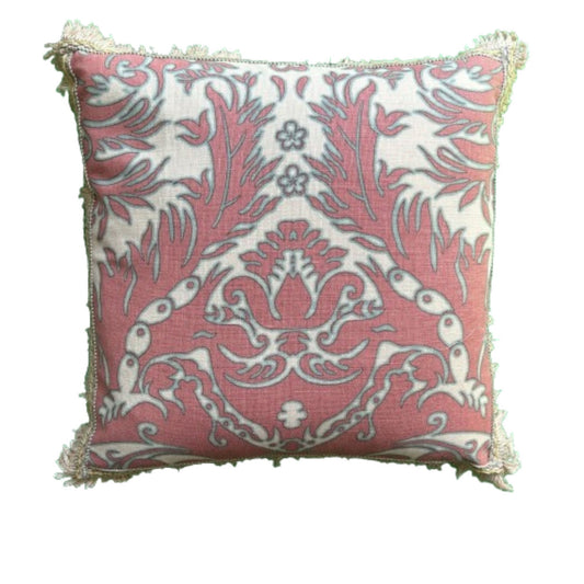 Coral Hand Printed Damask 20 x 20 Square Designer Pillow with Down Feather Insert
