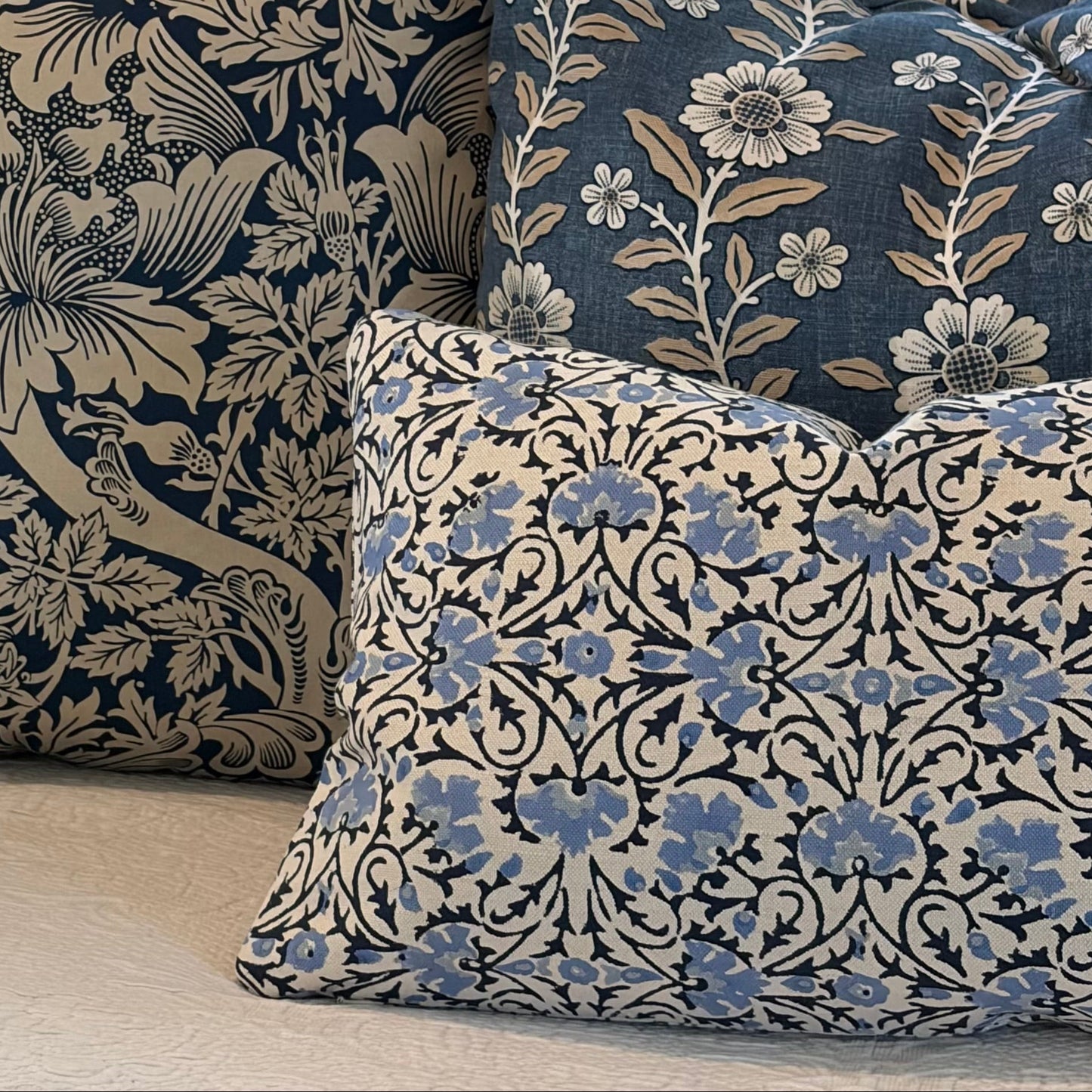 Robshaw Blue Flower & Vine Block Print 12 x 18 Decorative Pillow with Down/Feather Insert