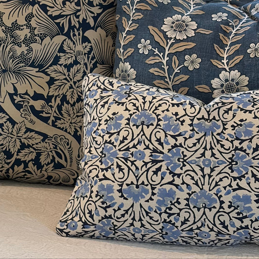 Robshaw Blue Flower & Vine Block Print 12 x 18 Decorative Pillow with Down/Feather Insert