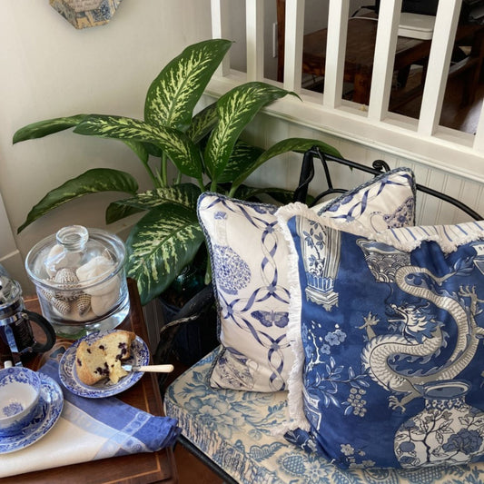 Chinoiserie Blue Ming Dynasty Jars and Dragons 20 x 20 Square Designer Pillow with Down Feather Insert