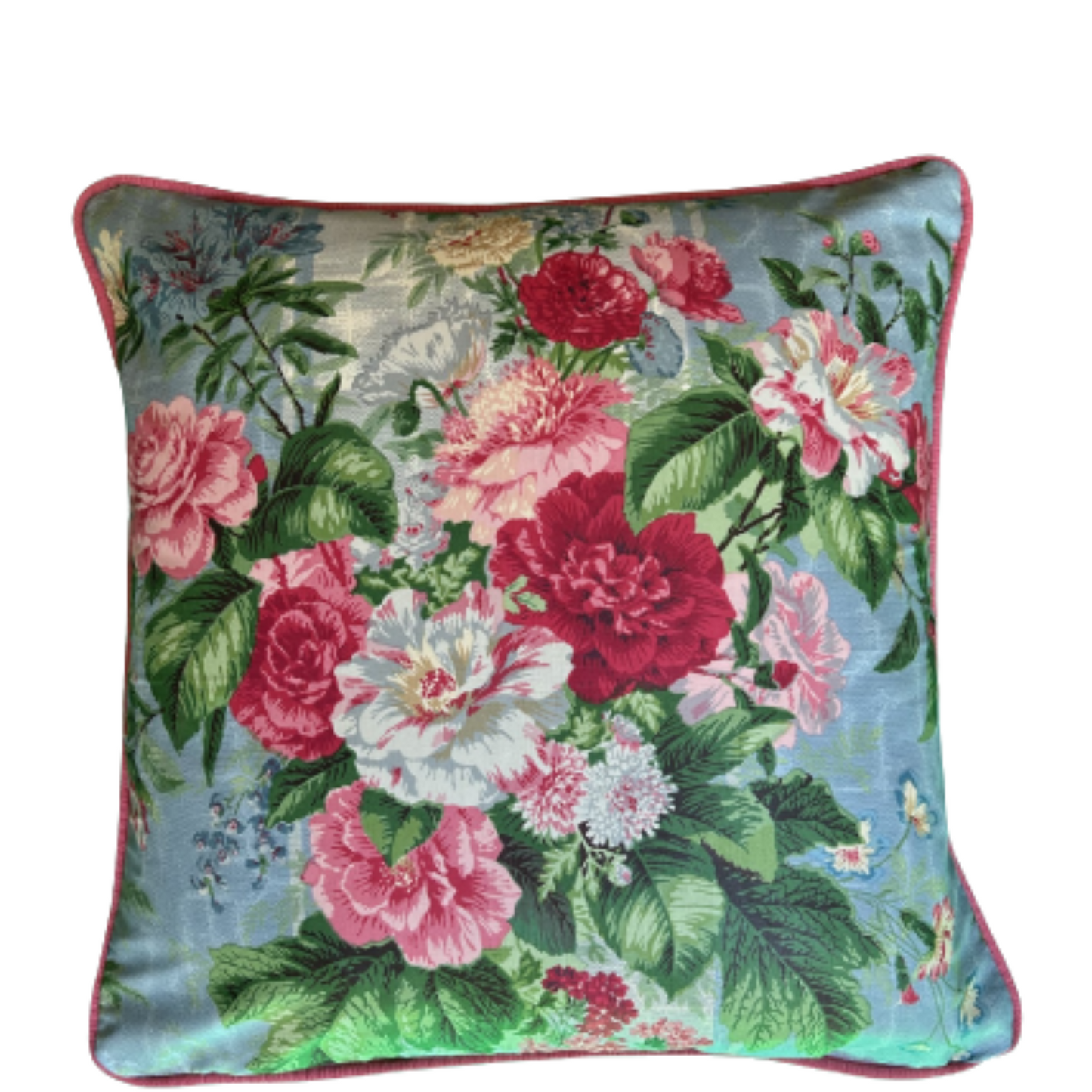 Mortefontaine by Pierre Frey Rare  Vintage Roses on Blue Chintz 20 X 20 Square Decorative Pillow with Down Feather Insert