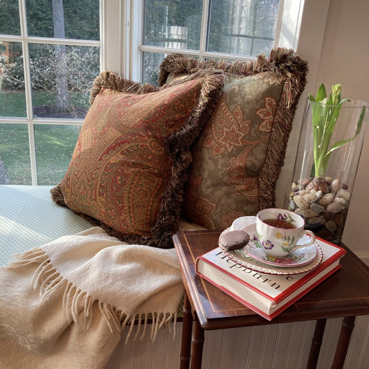 Crimson Velvet Paisley 21 x 21 Square Inches Decorative Pillow with Down Feather Insert