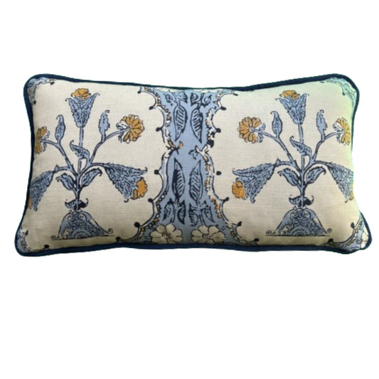 Robshaw Sunati Marigold Lapis Blue Block Print Decorative 14 x 24 Rectangle Pillow with Down Feather Insert