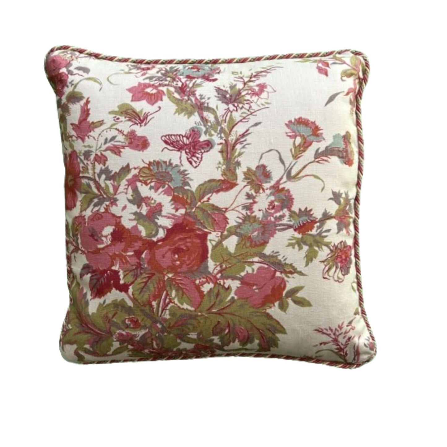 Roses and Mint 18 x 18 Square Linen Designer Pillow with Down Feather Insert