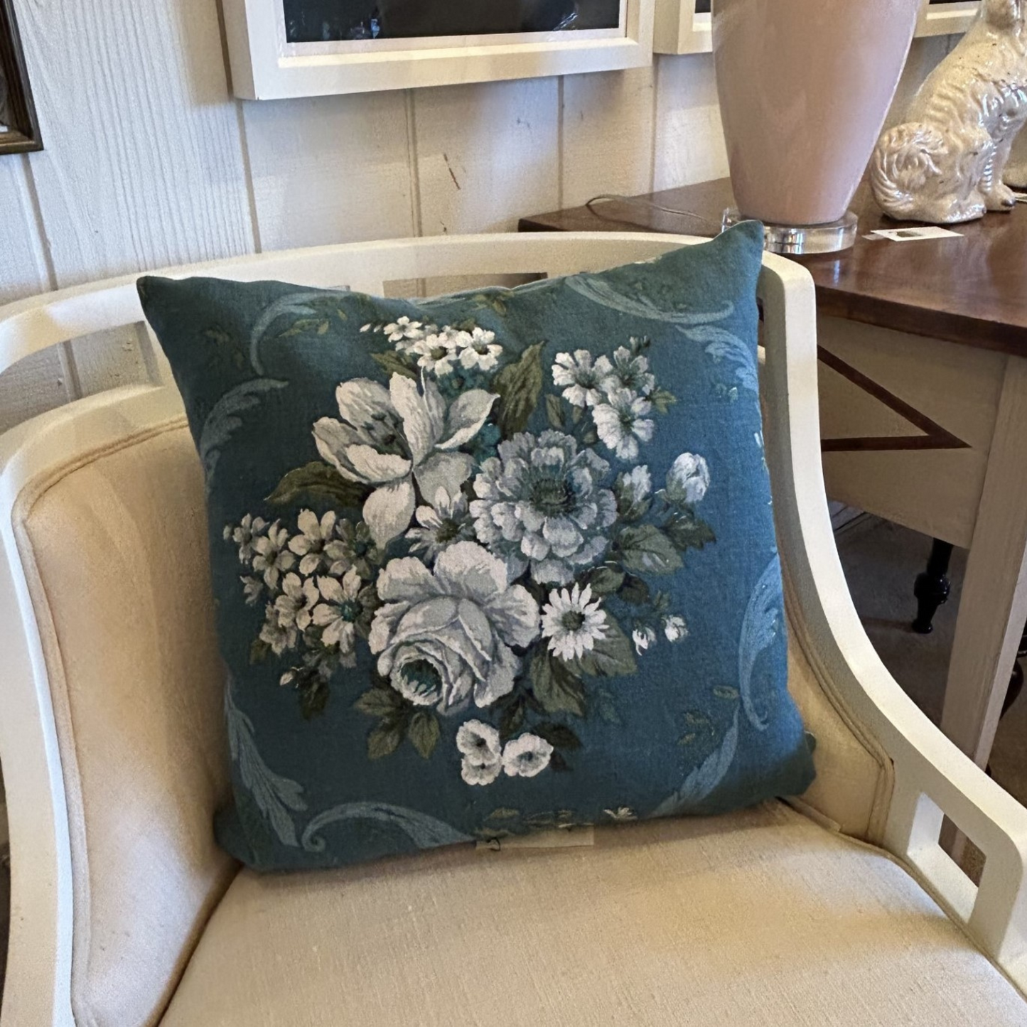 Vintage Country House Moody Teal Floral 20 x 20 Decorative Pillow with Down/Feather Insert