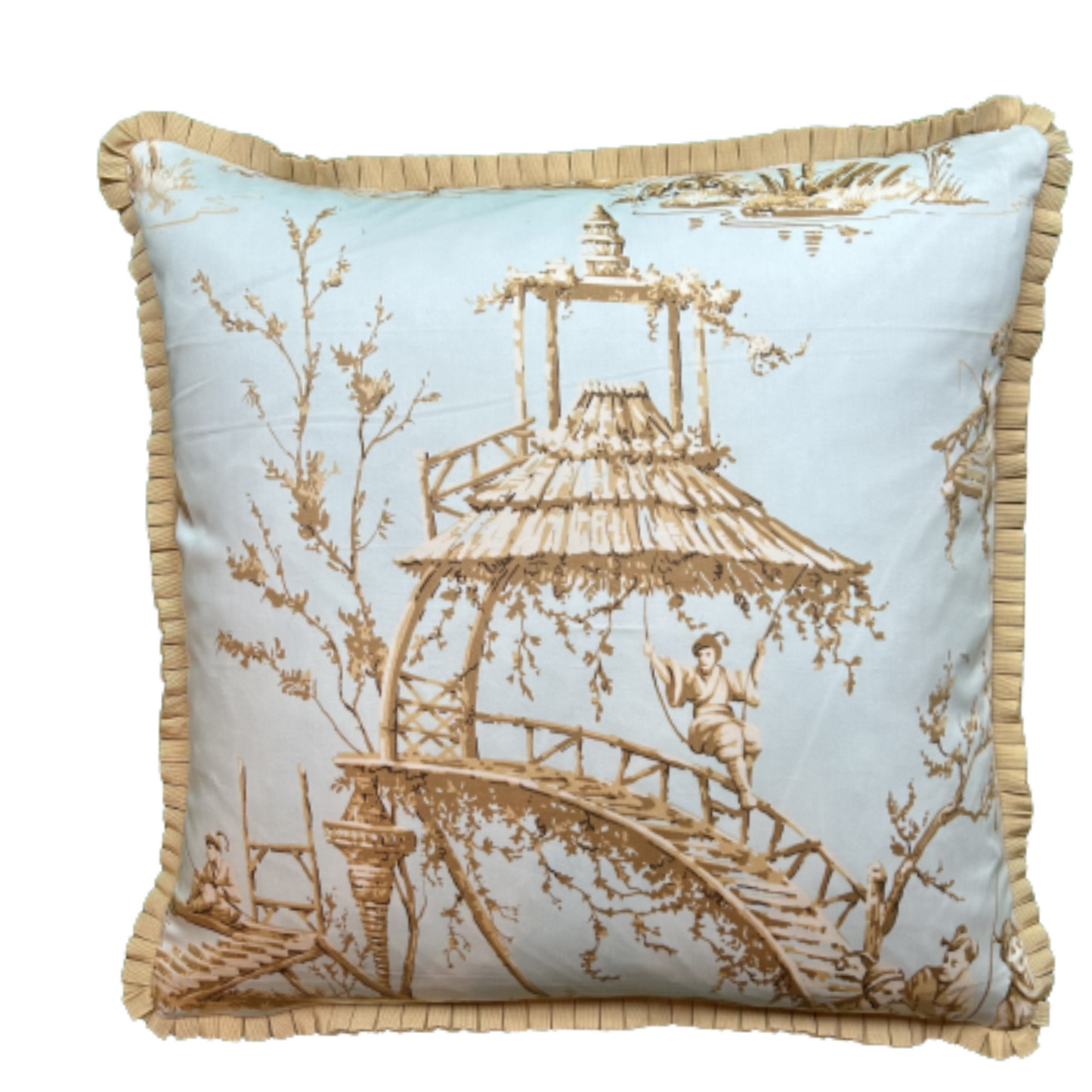 Pale Aqua Chinoiserie Garden Scene 20 x 20 Decorative Pillow with Down Feather Insert