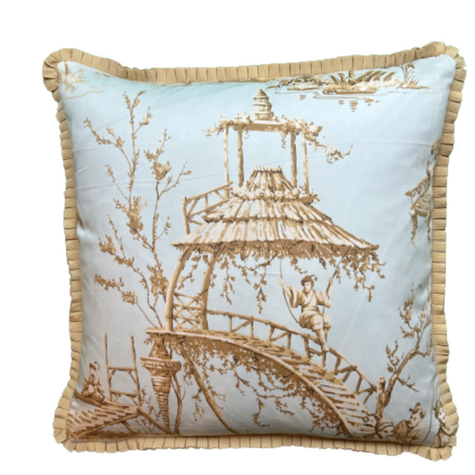 Pale Aqua Chinoiserie Garden Scene 20 x 20 Decorative Pillow with Down Feather Insert