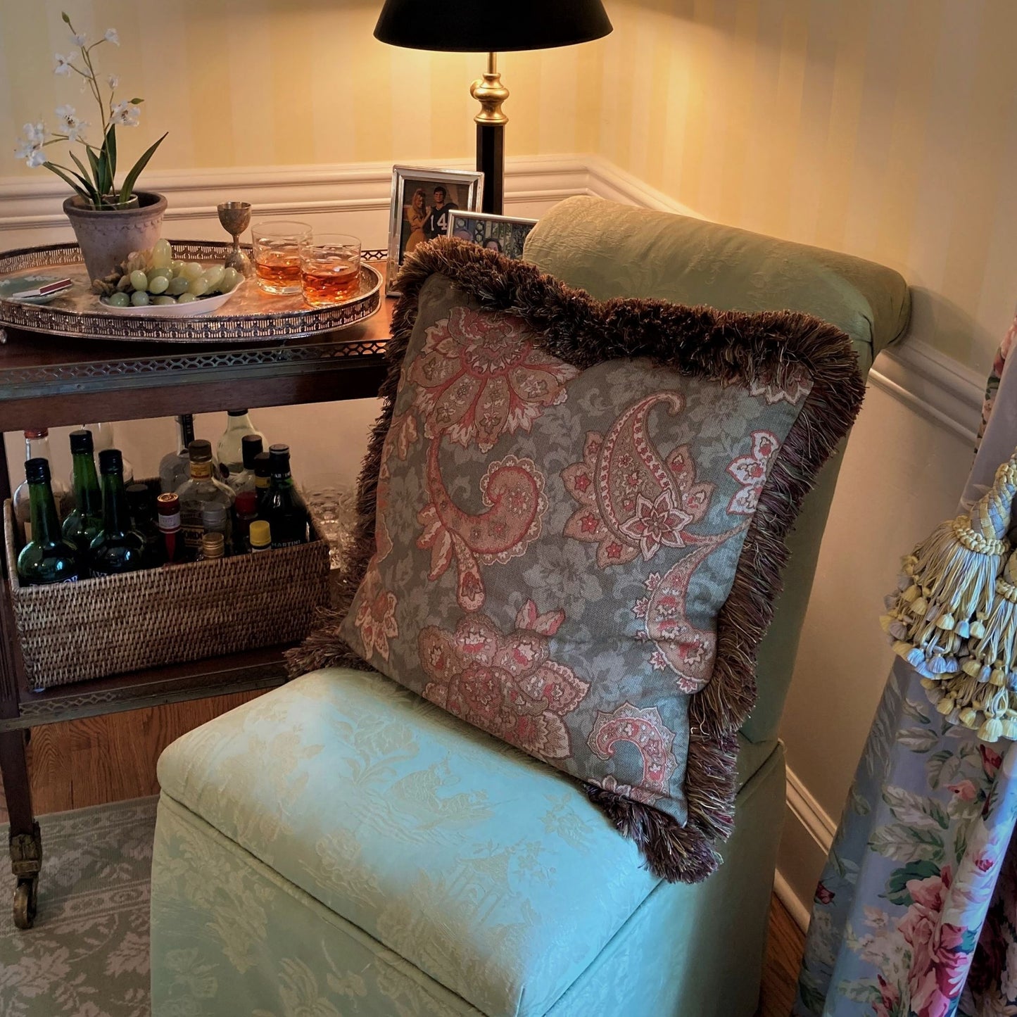 Moss Green Paisley Chenille 21 x 21 Square Decorative Pillow with