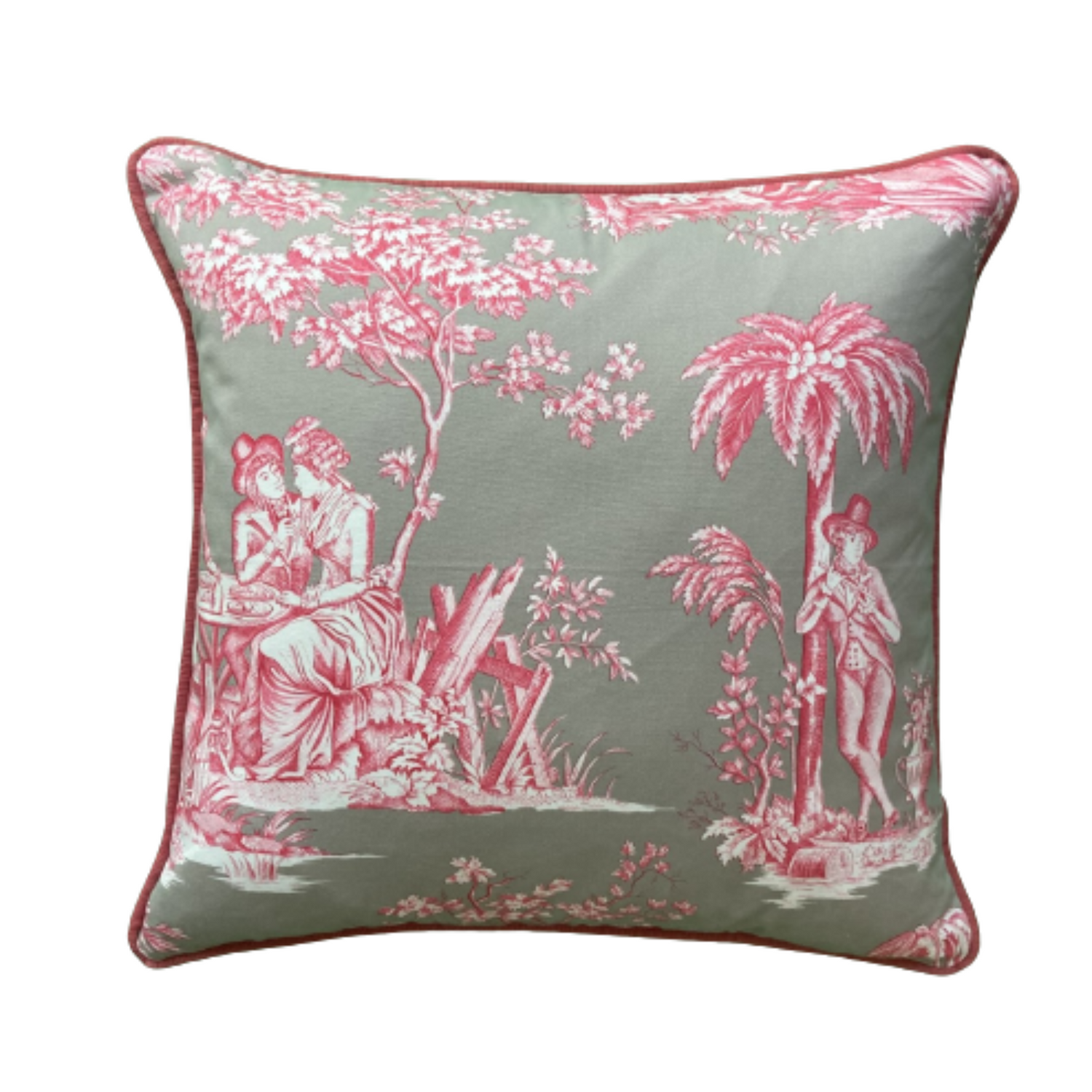 Manuel Canovas Elegant Cerise Toile 16 X 16 Square Designer Pillow with Down Feather Insert