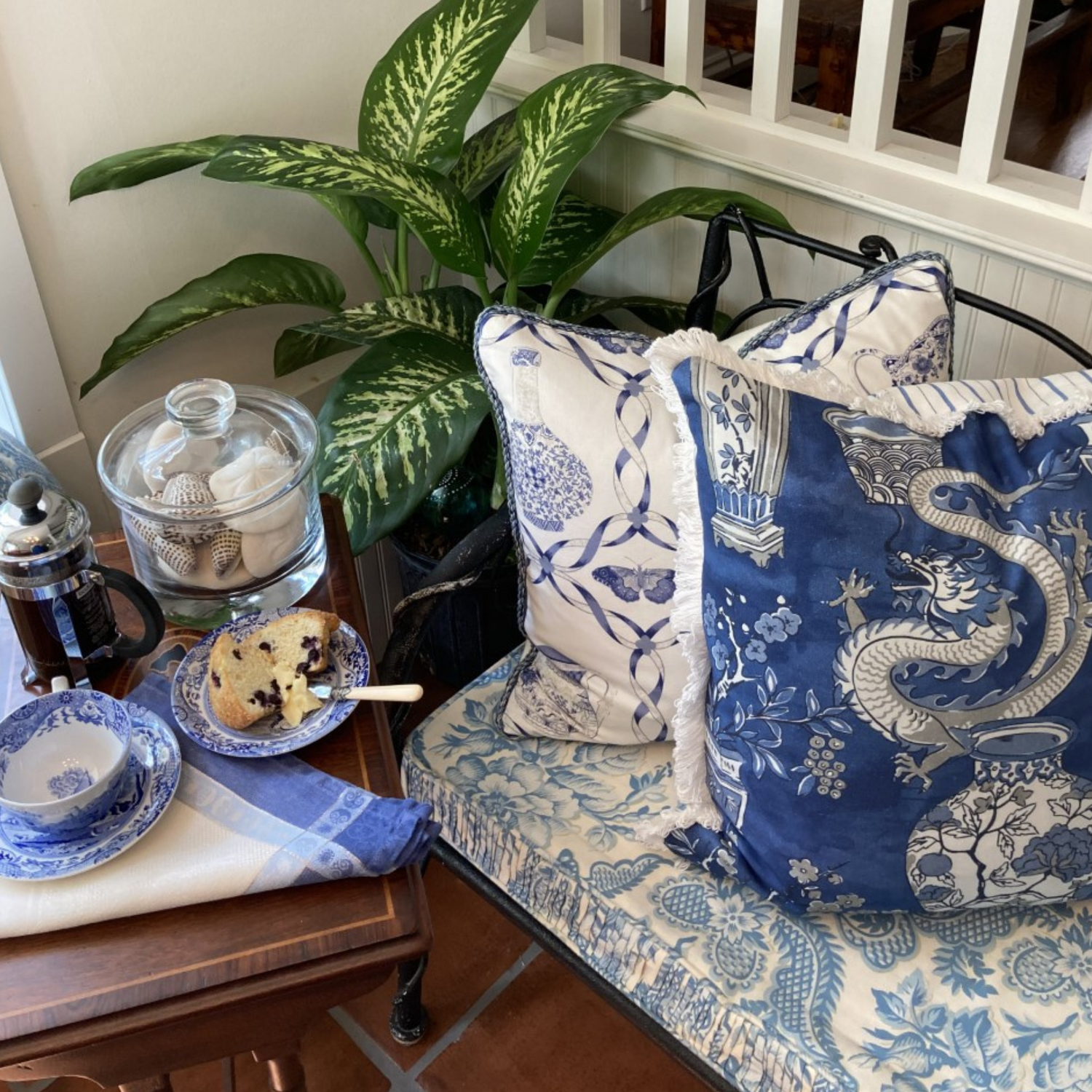 Chinoiserie Blue Ming Dynasty Jars and Dragons 21 X 21 Square Designer Pillow with Down Feather Insert