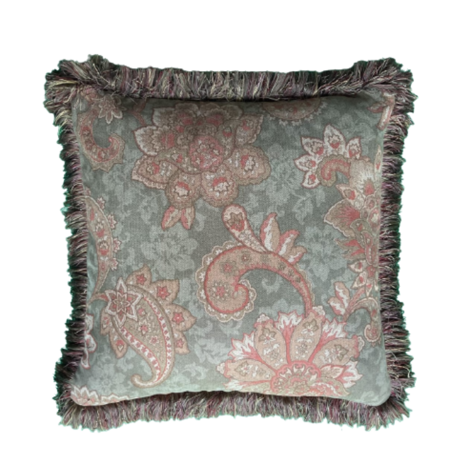 Moss Green Paisley Chenille 21 x 21 Square Decorative Pillow Fringe with Down Feather Insert