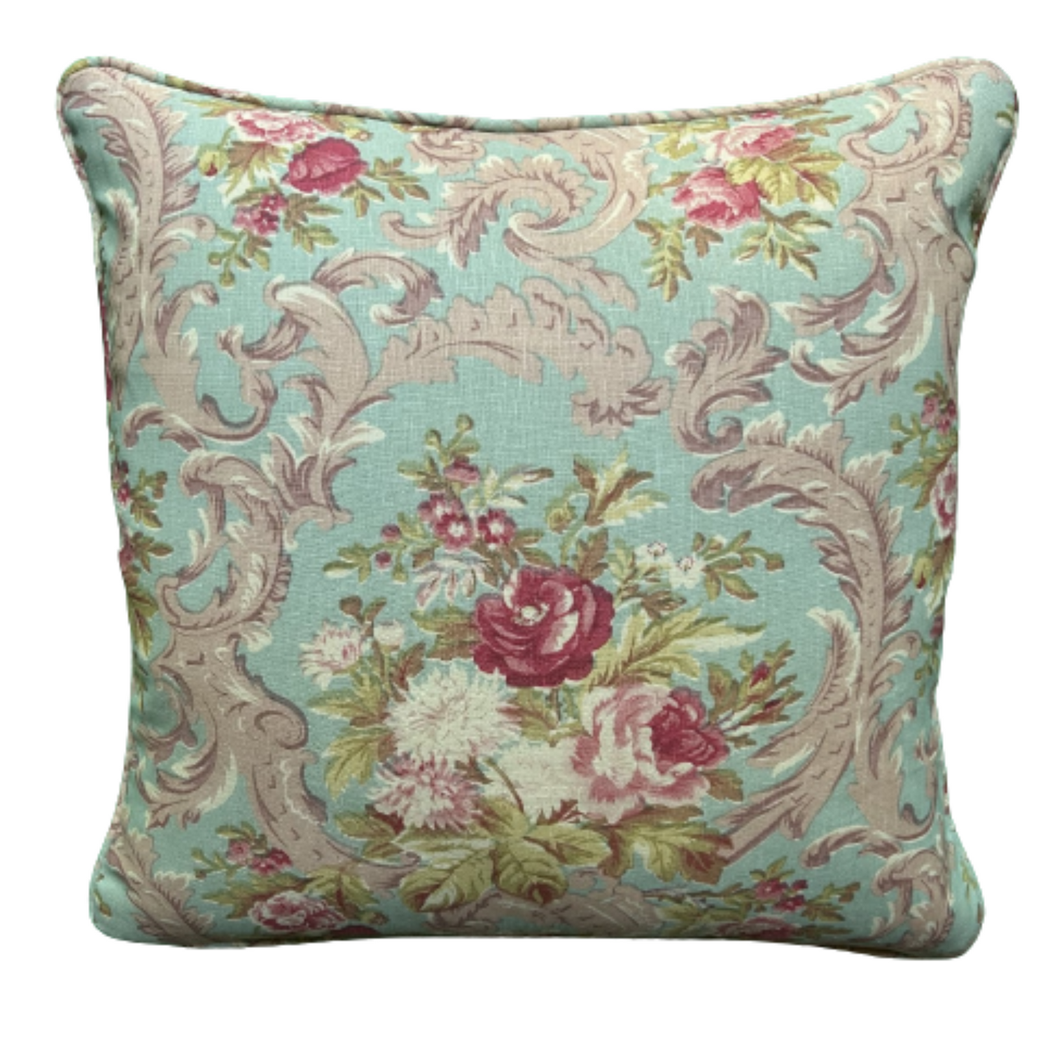 Wynwood Hand Printed Aqua Floral Square 18 x 18 Decorative Pillow with Down Feather Insert