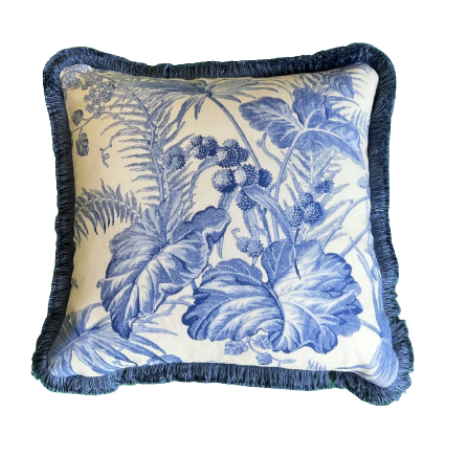 Scalamandre Tropical Toile China Blue Linen Print 16 x 16 Square Decorative Pillow with Down Feather Insert