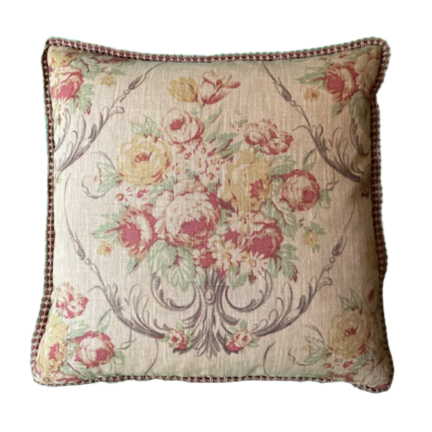 Vintage Classic Roses and Tulips 20 x 20 Square Linen Designer Throw Pillow with Down Feather Insert