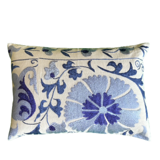 Embroidered John Robshaw Blue Suzani 12 x 18 Rectangle Decorative Pillow with Down Feather Insert