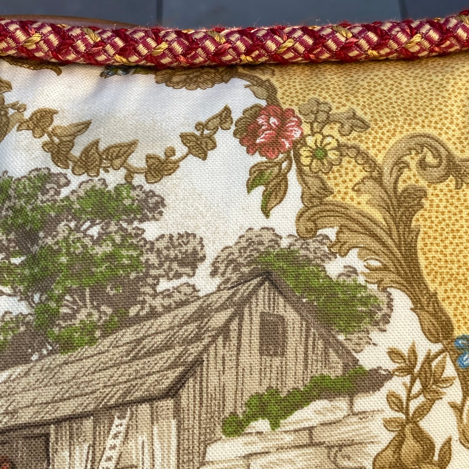 Two French Roosters Pillow Braid Trim Toile in Mustard with Brown Gingham 12 X 16 Rectangle Designer Throw Pillow with Down Feather Insert