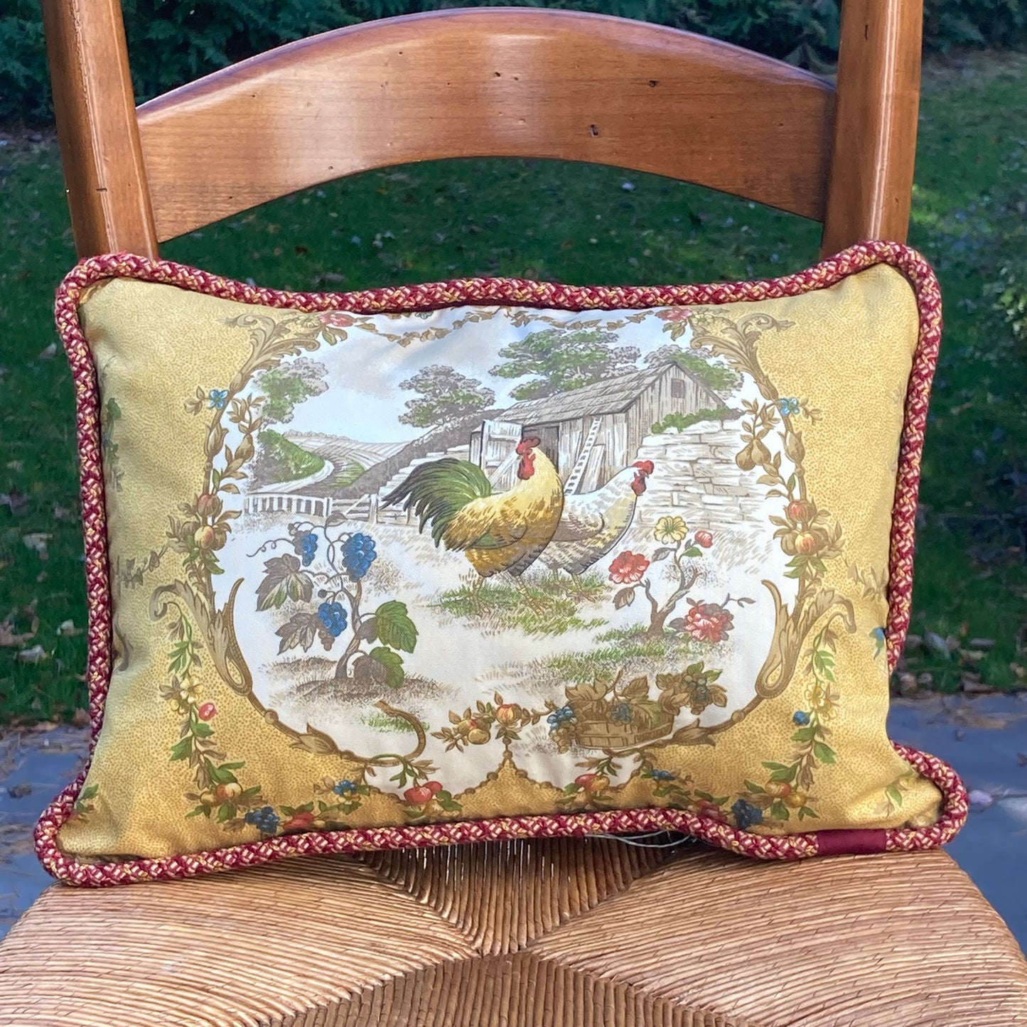 Two French Roosters Toile in Mustard with Brown Gingham 12 X 16 Rectangle Designer Throw Pillow with Down Feather Insert