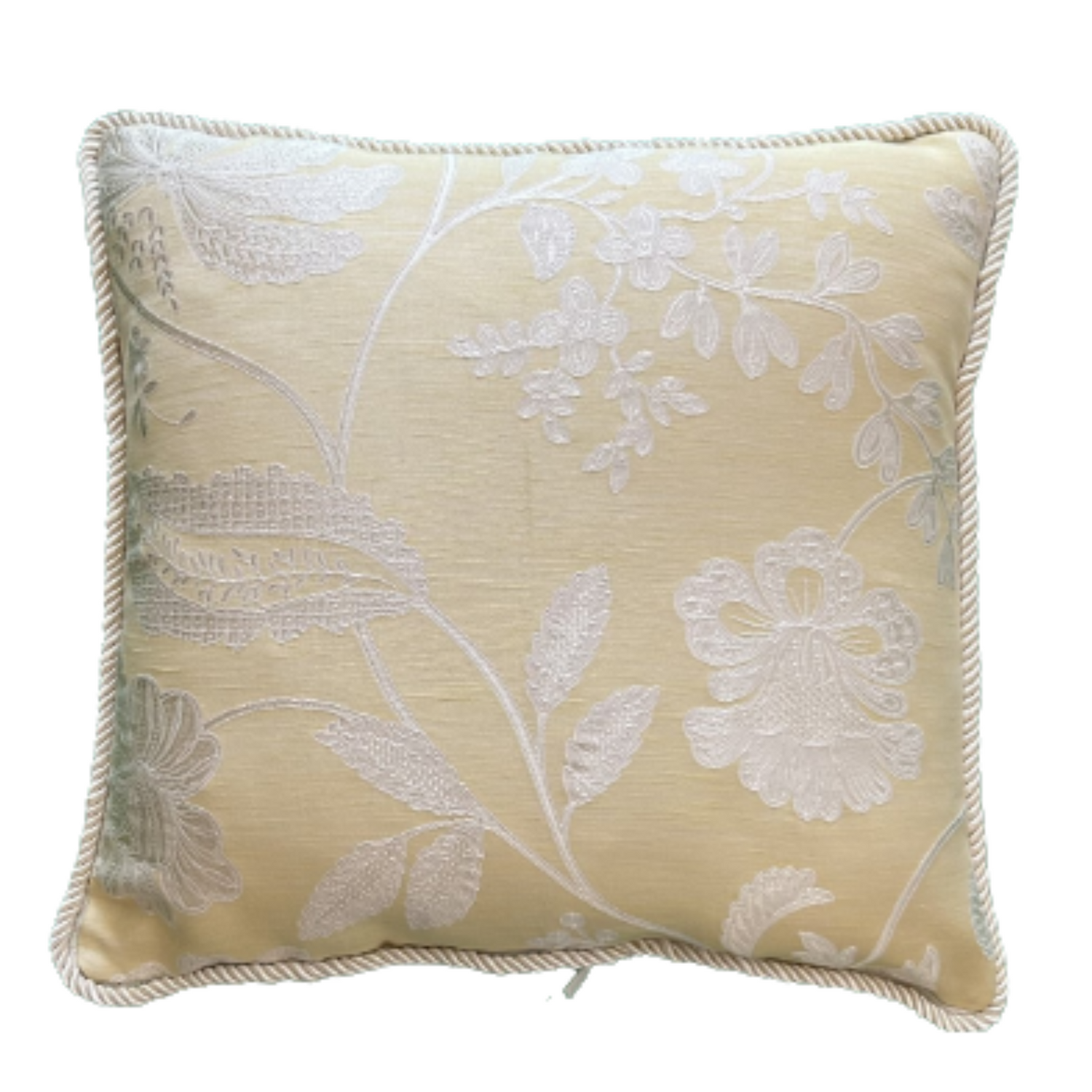 Rescued from Colefax & Fowler, Camille is a woven jacquard textile with alluringly intricate detailing. Fine tracery of silky white pearl embroidery outlines wildflowers, stems and leaves, creating a delicate effect of lacework and refined embellishment. The sophisticated loose design is well suited to the glamorous wool and silk ground in delicate pale mimosa yellow