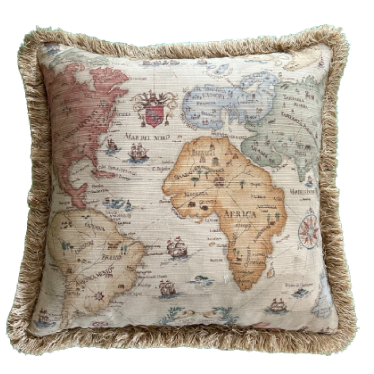 Antique Map Print 22 x 22 Square Designer Pillow Front Side with Down Feather Insert