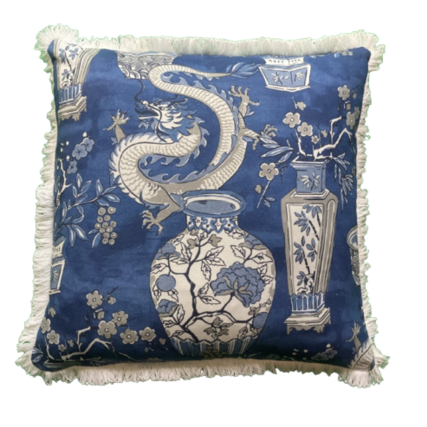 Chinoiserie Blue Ming Dynasty Jars and Dragons 21 X 21 Square Designer Pillow with Down Feather Insert