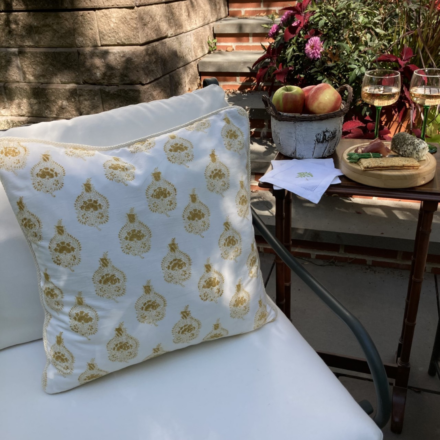 Pomegranate Hand Block Dijon Yellow Print Indiennes Pillow 20 X 20 Square Decorative Pillow with Down Feather Insert