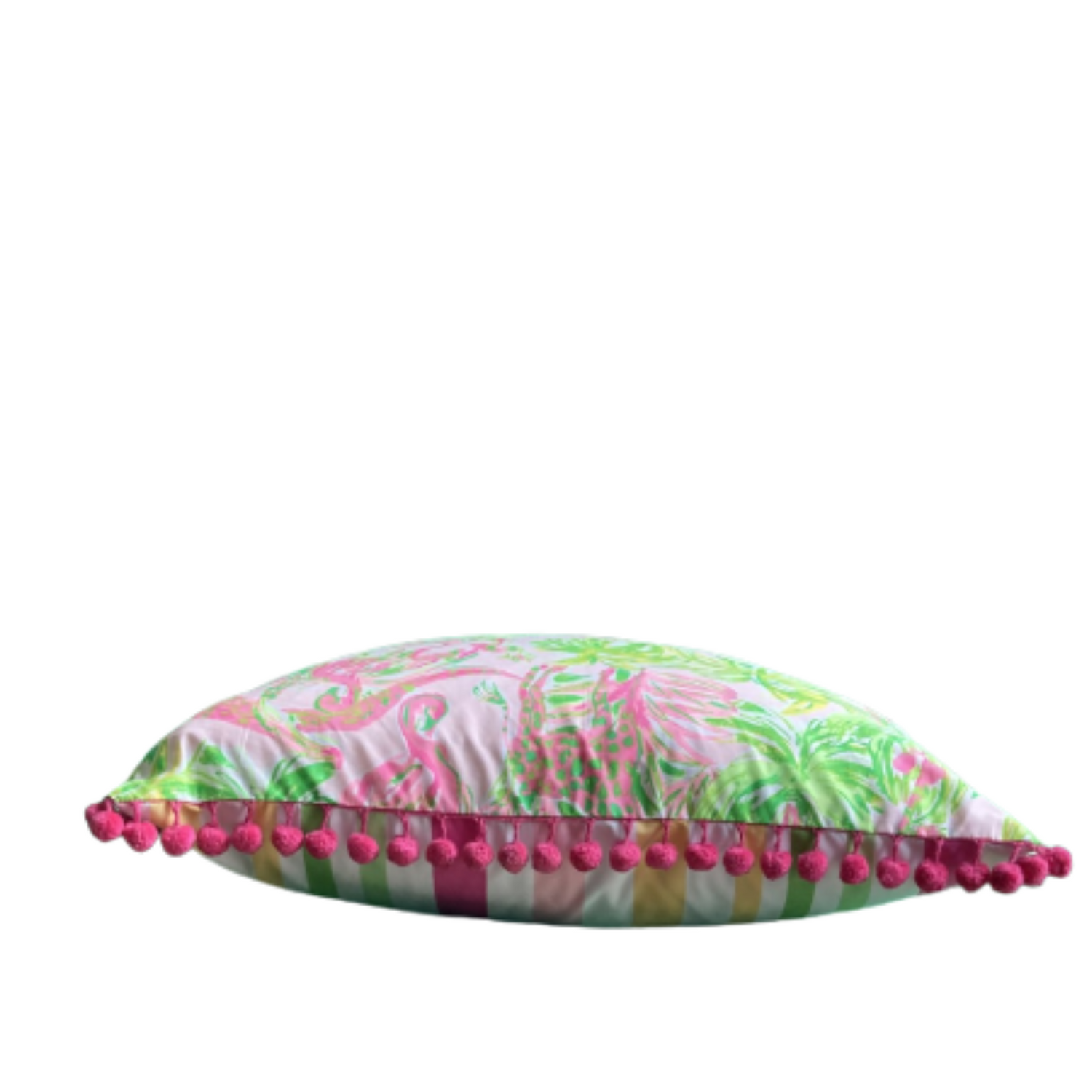 Lilly Jungle Retro Pink and Green with 60’s Boho Poms 17 X 17 Square Designer Throw Pillow with Down Feather Insert