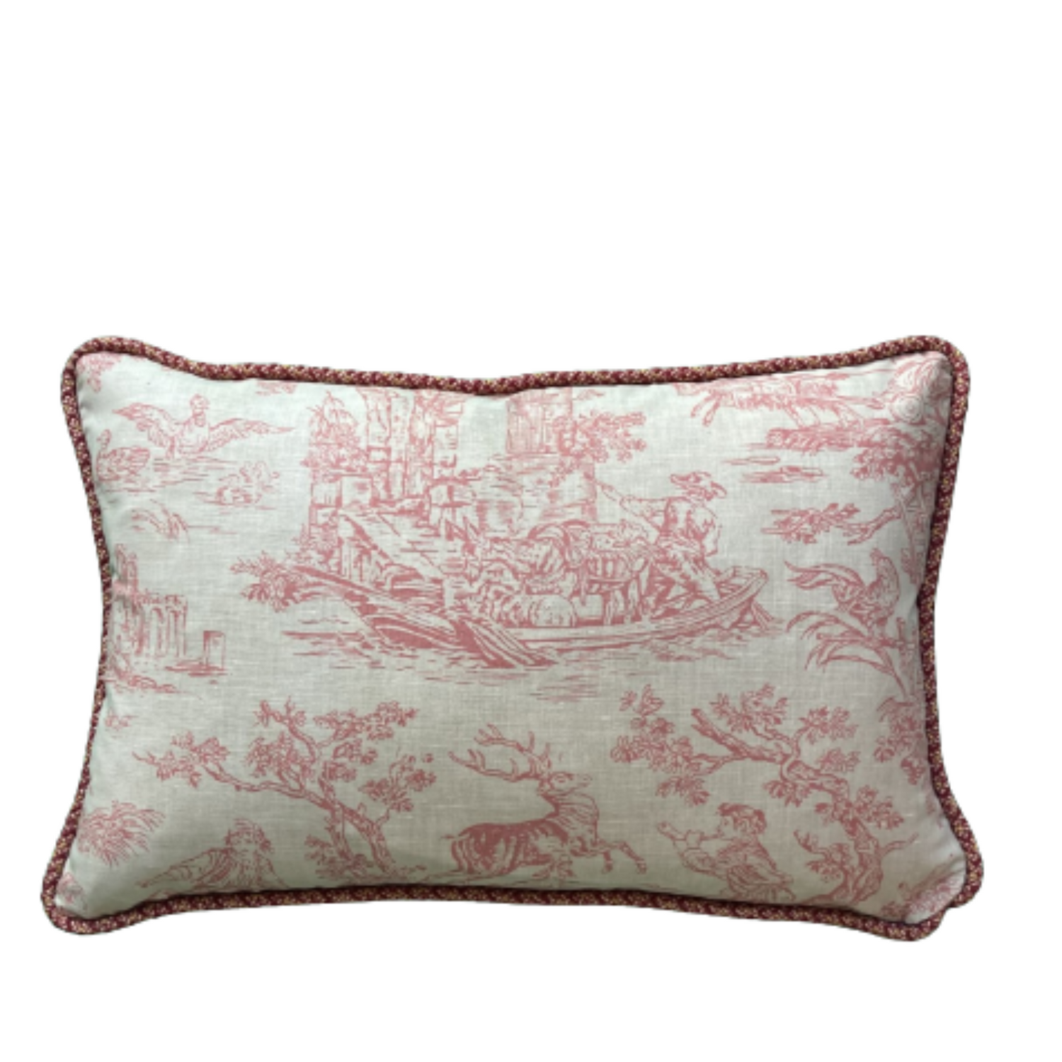 Vintage Country Hand Printed Paprika Red Toile 16 x 24 Rectangle Lumbar Pillow with Down Feather Insert