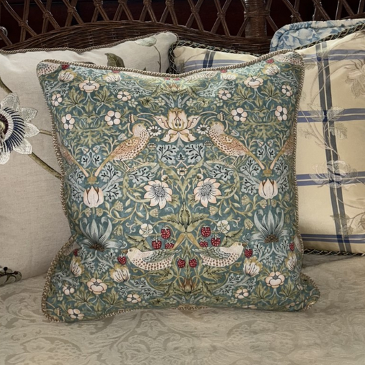 William Morris Strawberry Thief with Velvet 18 x 18 Square Decorative Pillow with Down Feather Insert