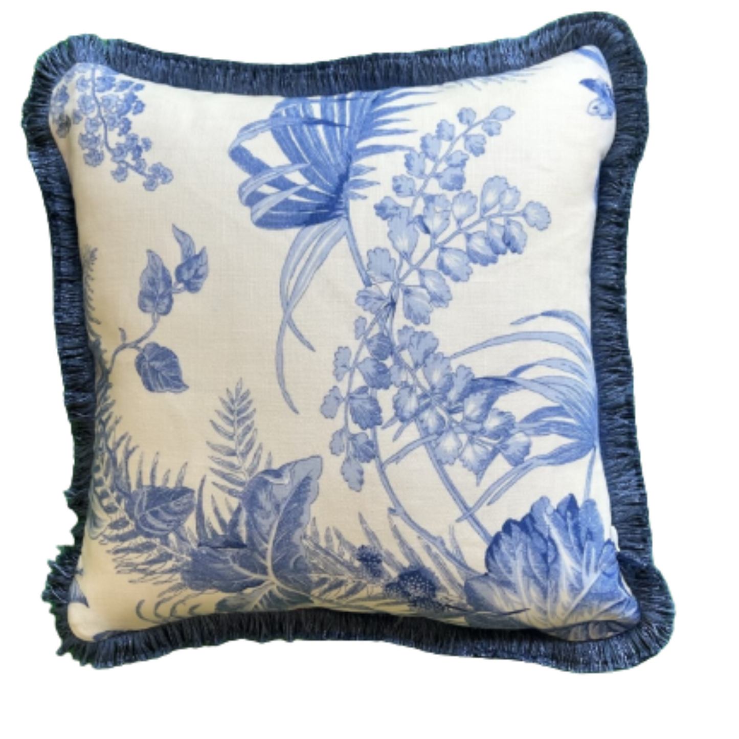 Scalamandre Tropical Toile China Blue Linen Print 16 x 16 Square Decorative Pillow with Down Feather Insert