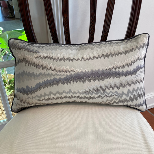 Zig Zag Shades of Grey 12 X 21 Rectangle Lumbar Designer Pillow on chair with Down Feather Insert