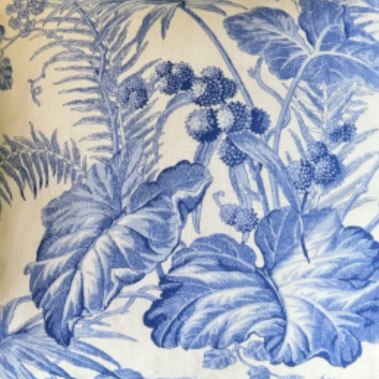 Scalamandre Tropical Toile China Blue Linen Print 16 x 16 Square Decorative Pillow with Down Feather Insert