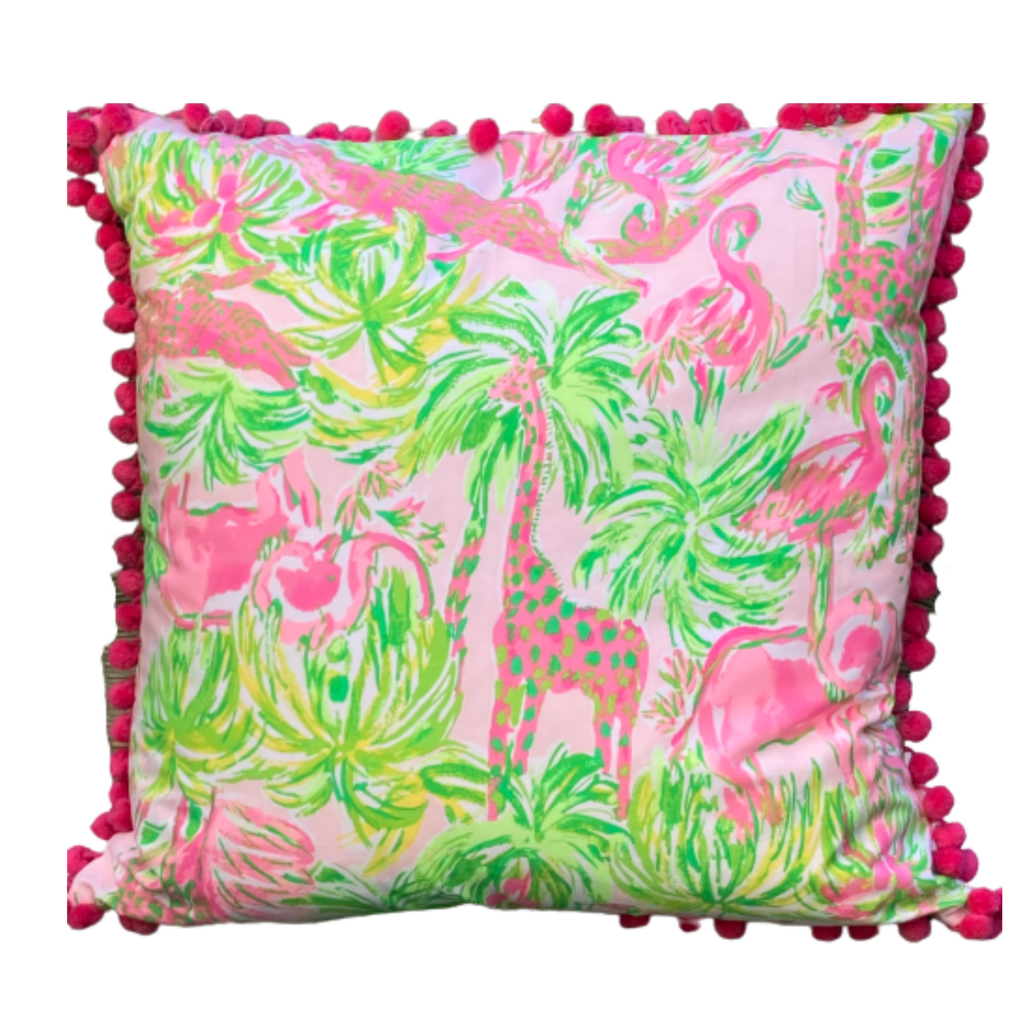 Lilly Jungle Retro Pink and Green with 60’s Boho Poms 17 X 17 Square Designer Throw Pillow with Down Feather Insert