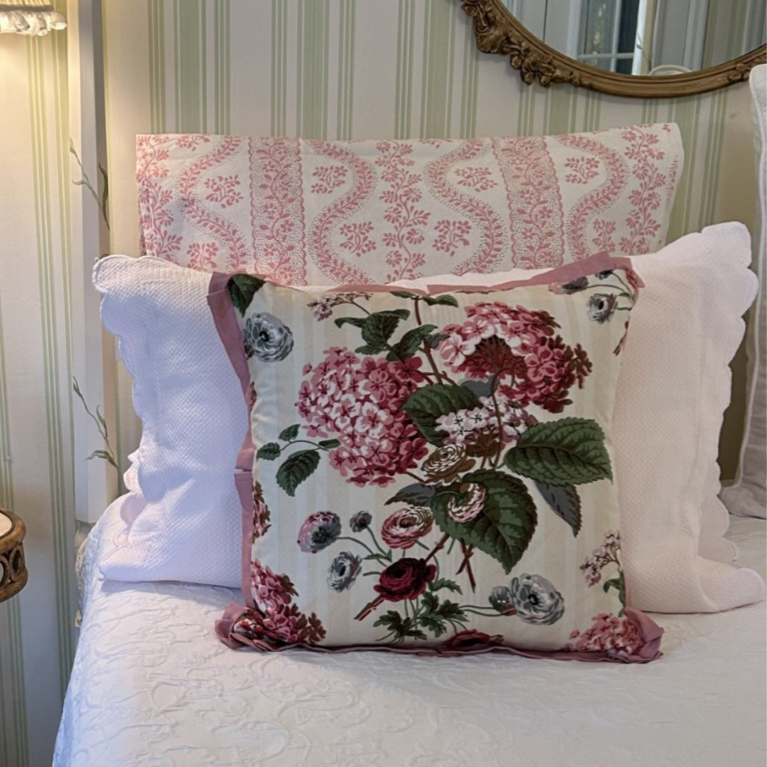 Colefax Pink Hydrangea 18 x 18 Square Decorative Pillow with Down Feather Insert
