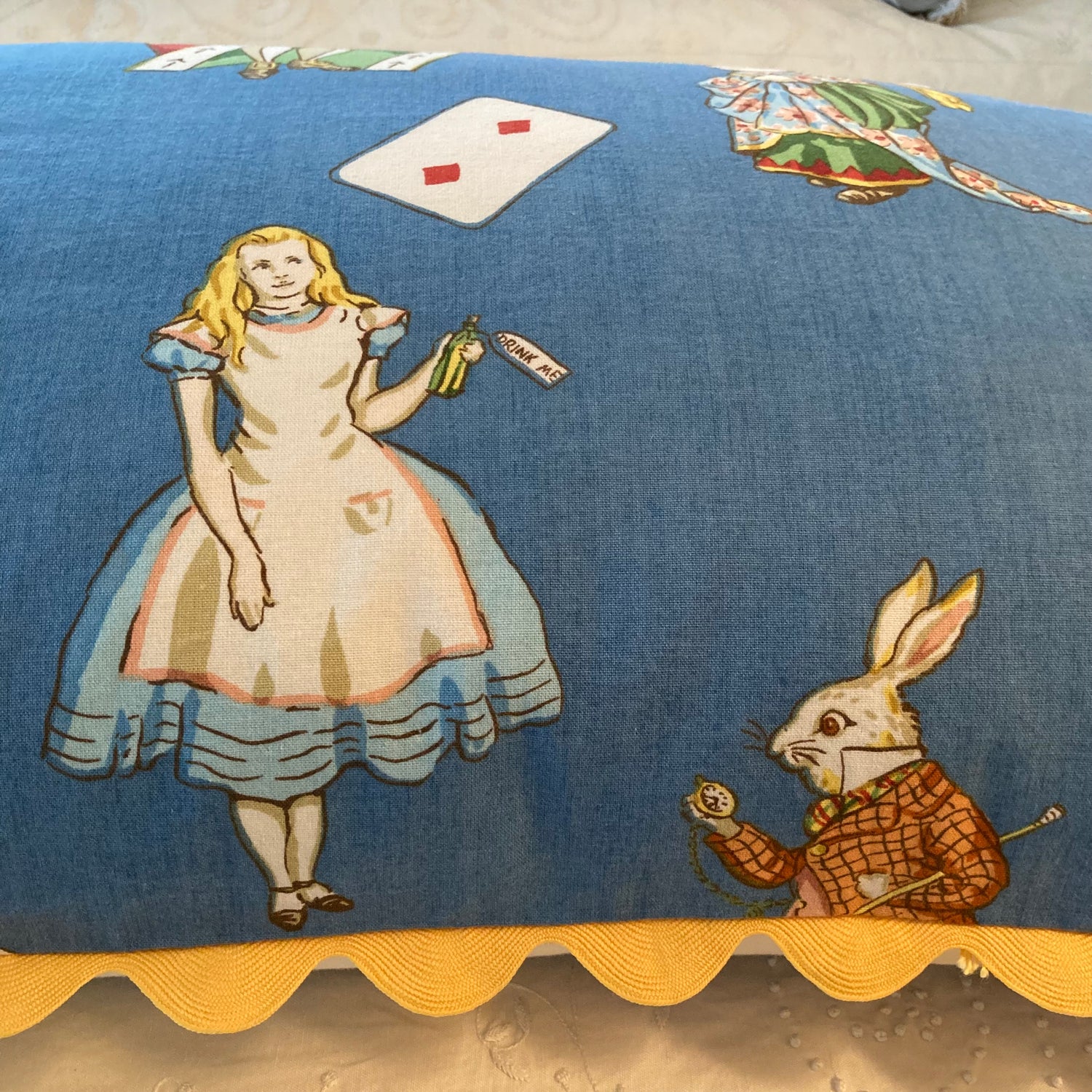 Rare Vintage Designer Alice in Wonderland Pillow Trim Blue Oversize 20 x 36 Pillow with Down Feather Insert