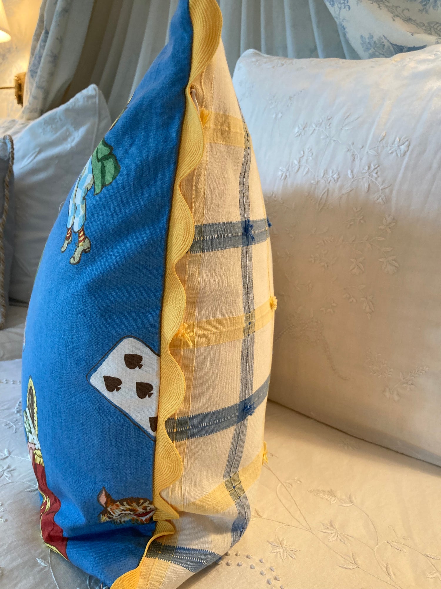 Rare Vintage Designer Alice in Wonderland Pillow Details Blue Oversize 20 x 36 Pillow with Down Feather Insert
