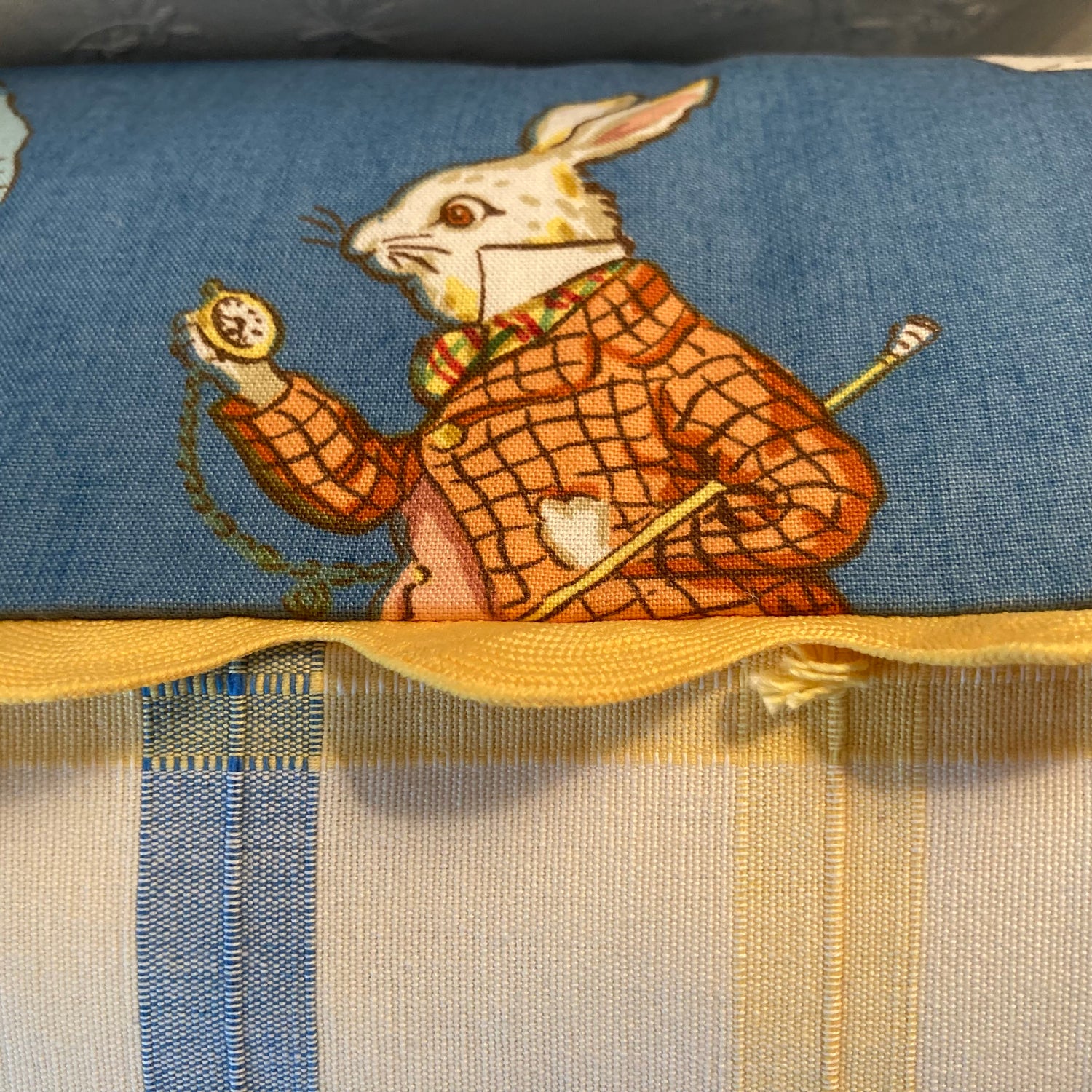 Rare Vintage Designer Alice in Wonderland Pillow Details Blue Oversize 20 x 36 Pillow with Down Feather Insert