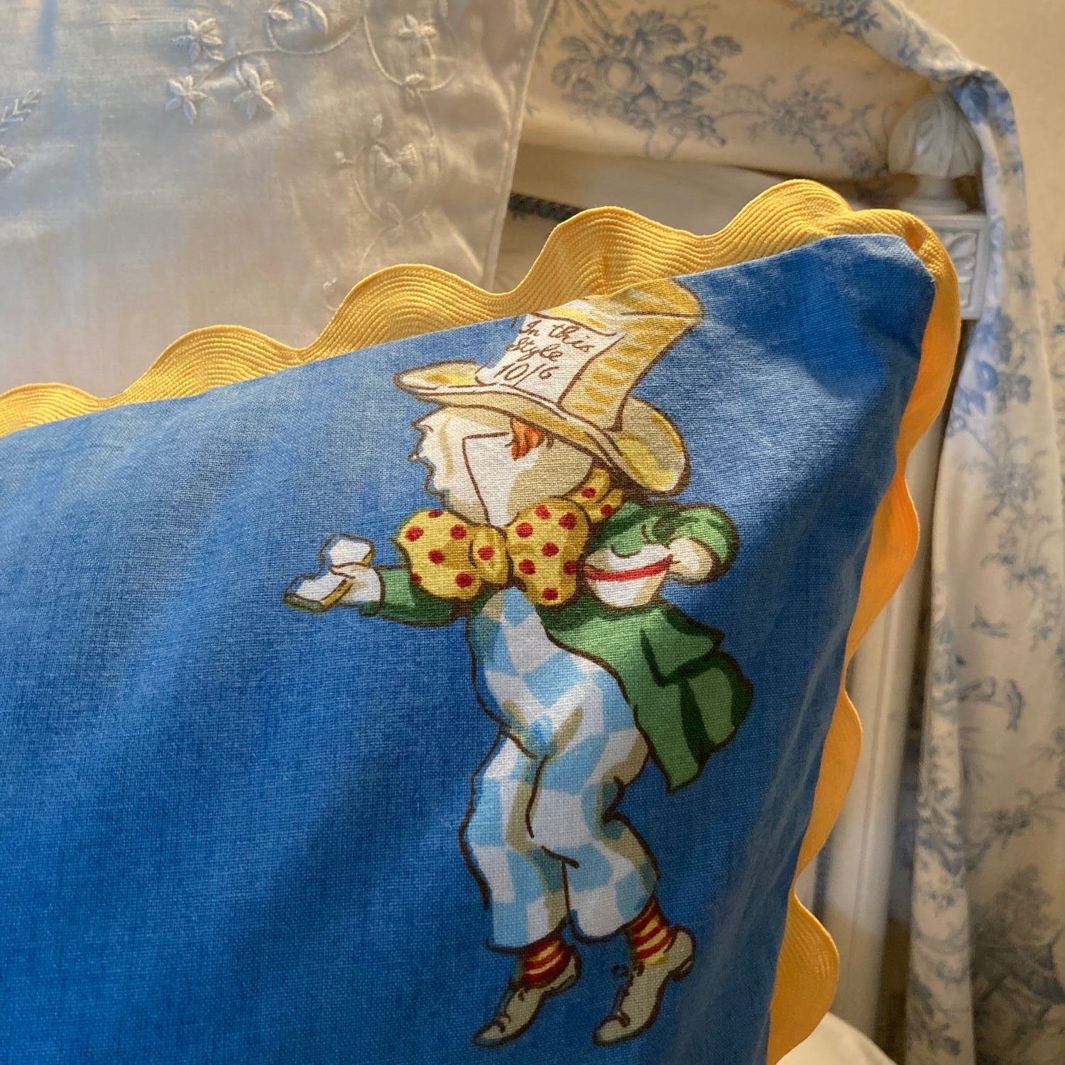Rare Vintage Designer Alice in Wonderland Pillow Mad Hatter Blue Oversize 20 x 36 Pillow with Down Feather Insert