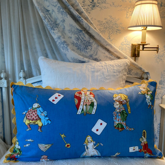 Rare Vintage Designer Alice in Wonderland Pillow Front Blue Oversize 20 x 36 Pillow with Down Feather Insert