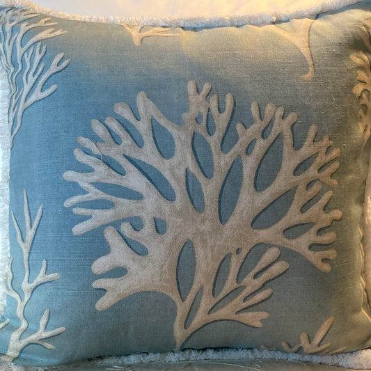 Jane Churchill Pillow Front Dramatic White Coral Print on Aqua 16 X 16 Square with Down Feather Insert
