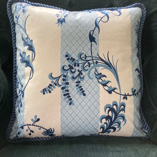 Bagatelle Pillow Front Serene Blue and White Trellis and Vine Stripe Decorative Toss Pillow 15 X 15 Square with Down Feather Insert