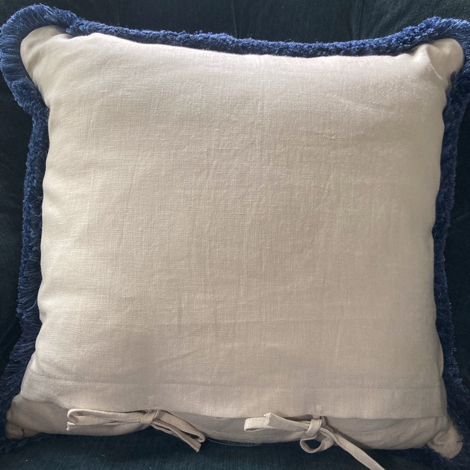 Amara Lapis Blue Medallions Linen 16 x 16 Square Designer Pillow Back with Ties with Down Feather Insert
